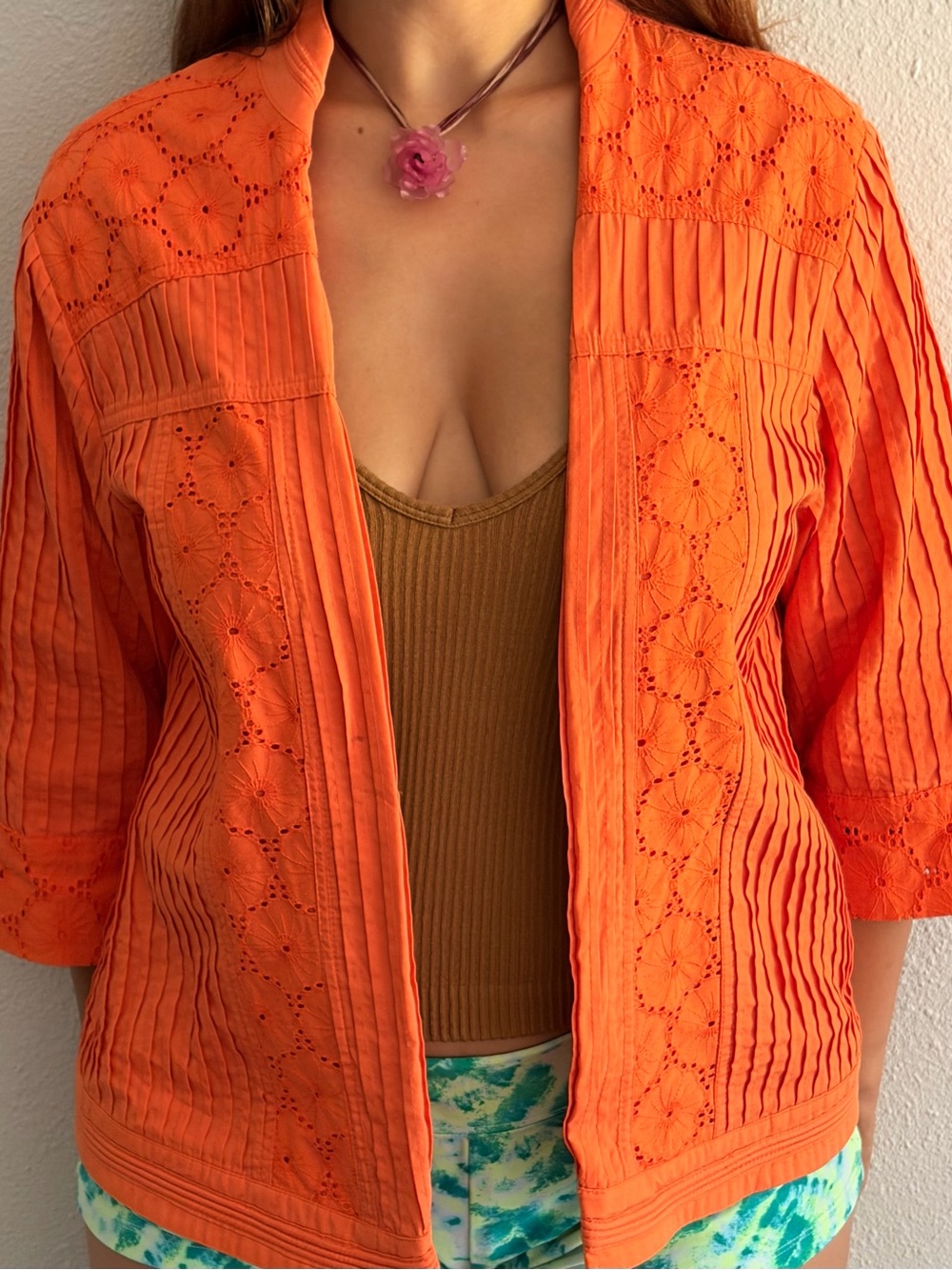 TanJay Bright Orange Eyelet Pleated Coverup Jacket